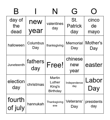 holidays Bingo Card