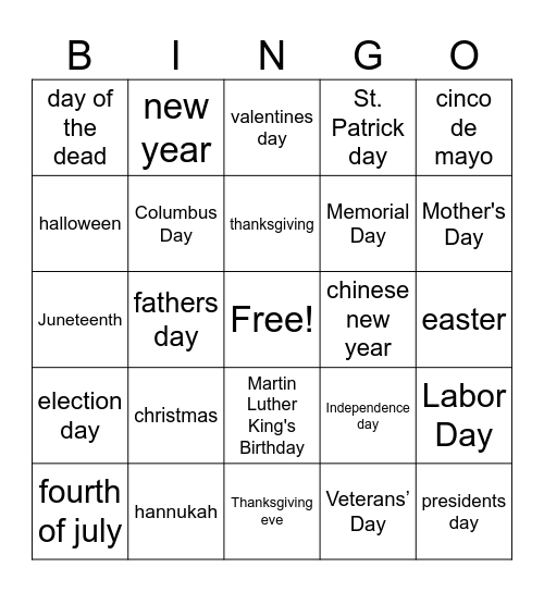 holidays Bingo Card