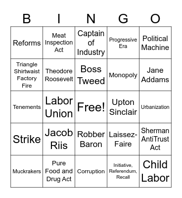 Progressive Era Unit Review Bingo Card