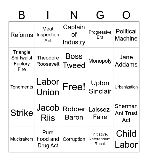 Progressive Era Unit Review Bingo Card