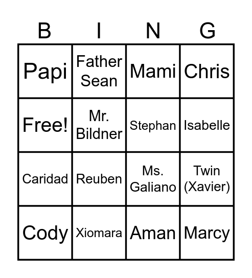 The Poet X Characters Bingo Card