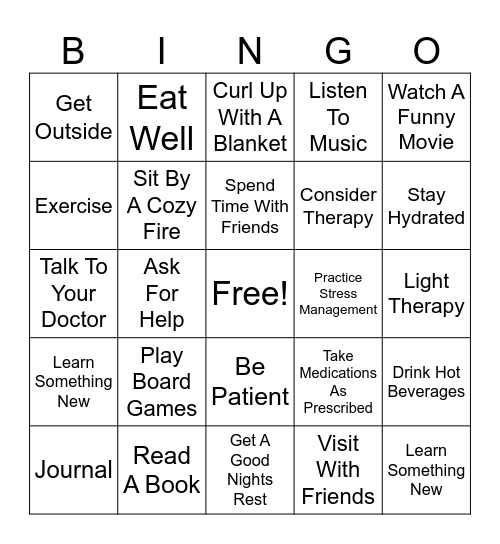 Winter Blues Coping Skills Bingo Card