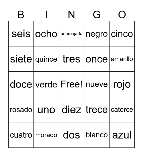 Números y Colores Bingo Card