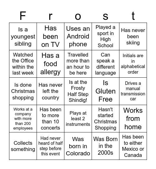 Frosty Half Step Bingo! Bingo Card