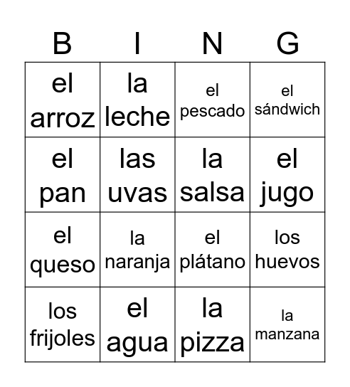 La Comida Bingo Card