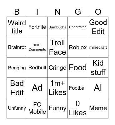 Youtube Bingo Card
