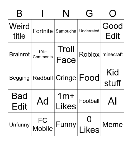 Youtube Bingo Card