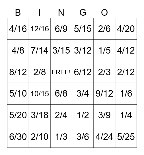 Equivalent Fractions Bingo Card