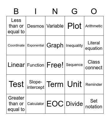 Algebra 1 Semester Review BINGO Card