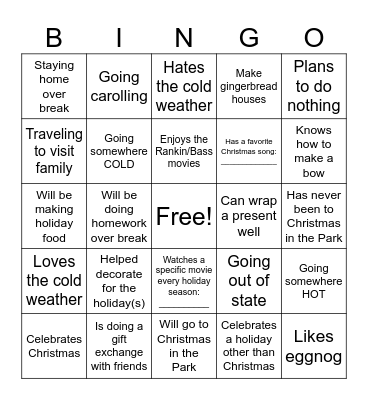 Winter Break Bingo Card