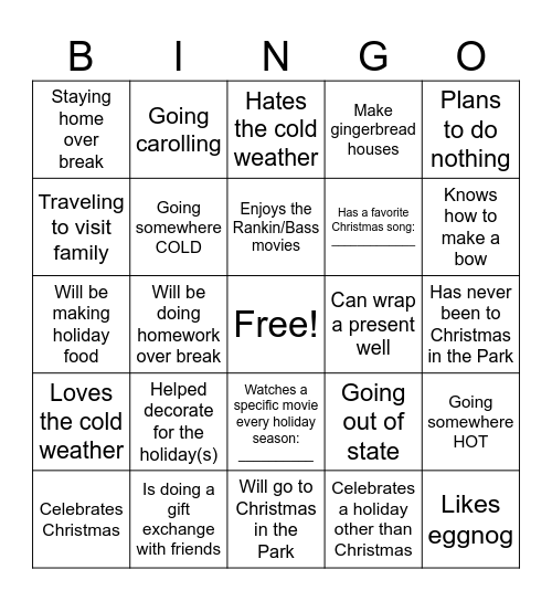 Winter Break Bingo Card