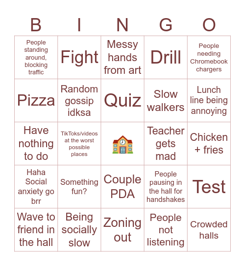 School Bingo Card