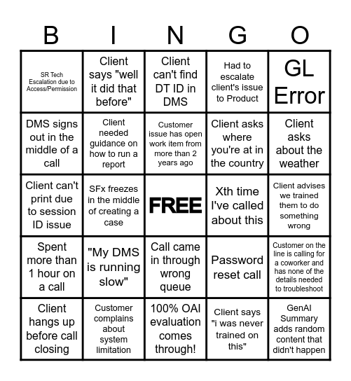 DMS Support Bingo Card