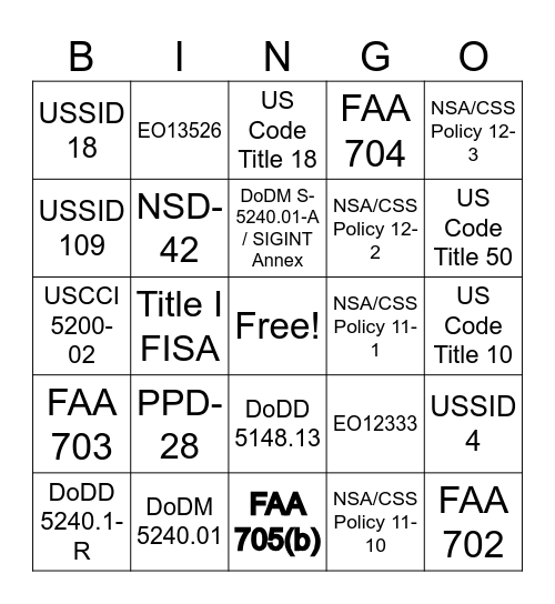 Policy Bingo Card