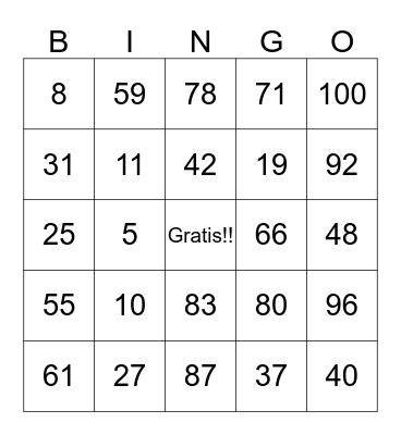 Spanish Numbers Bingo Card