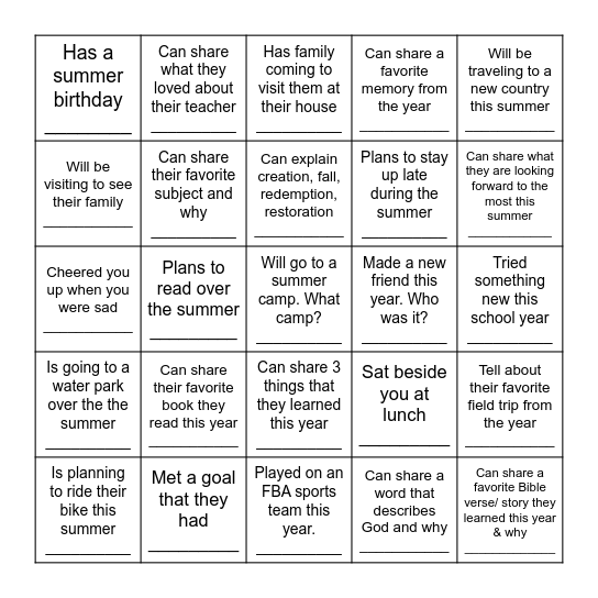 Find Someone Who Bingo Card