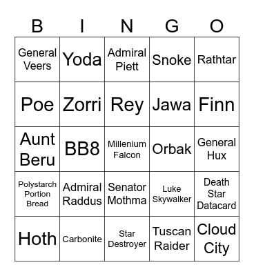 Star Wars Bingo Card