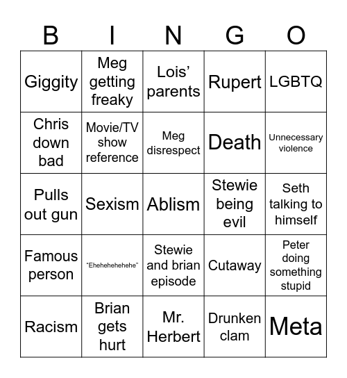 Family Guy Blackout Bingo Card