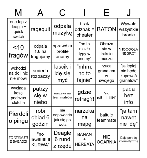 BINGO MACIEJA Bingo Card