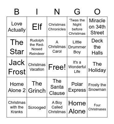 Holiday Movie Bingo Card