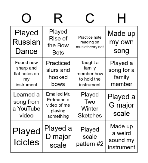 Winter Break Orchestra Bingo! Bingo Card