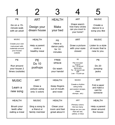 Choose one activity per day to complete for NTI Bingo Card