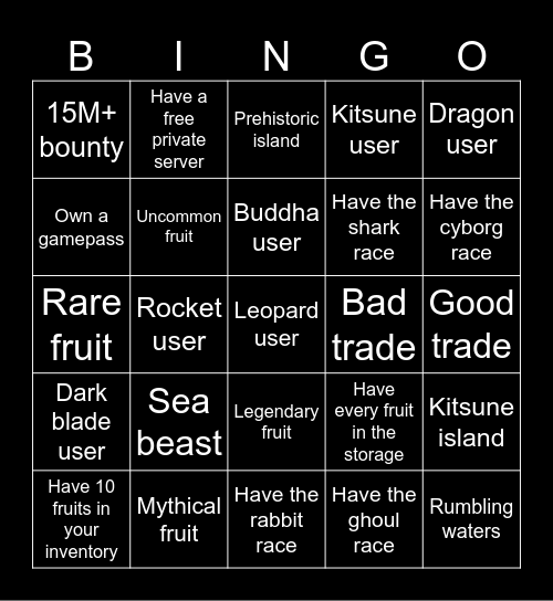 Blox fruits Bingo Card