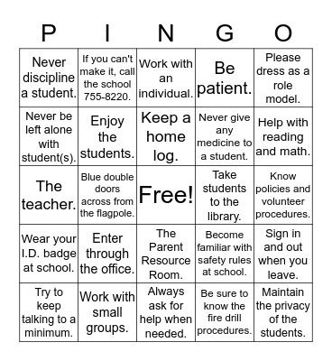 Parent Involvement Nurtures Great Opportunities Bingo Card