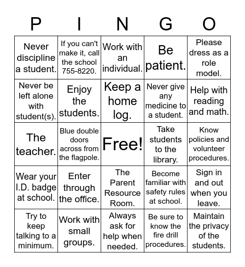 Parent Involvement Nurtures Great Opportunities Bingo Card