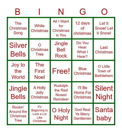 Christmas Song Bingo Card