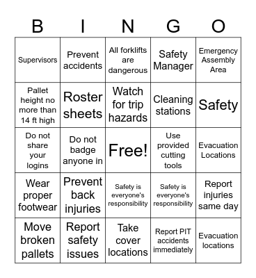 Eversana Warehouse Safety Bingo Card