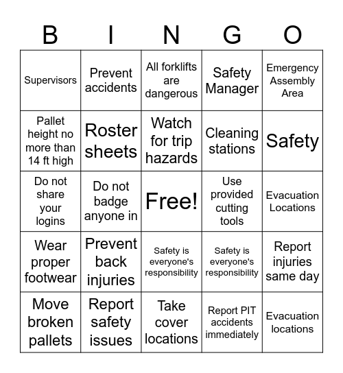 Eversana Warehouse Safety Bingo Card