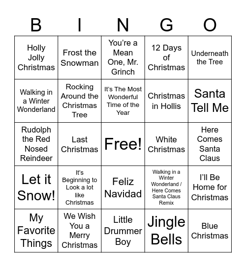 Holiday Music Bingo Card