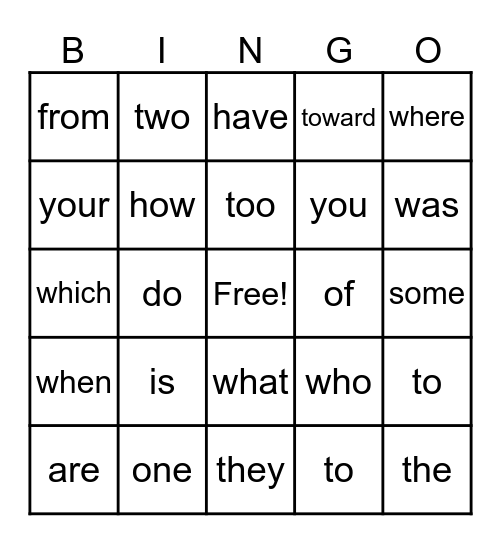 High Frequency Bingo Card