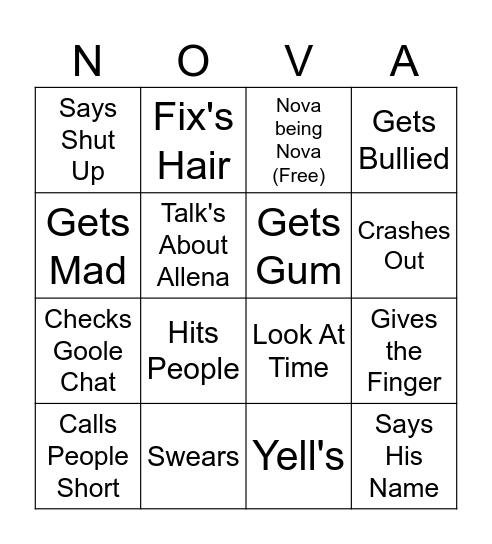 Nova Bingo Card