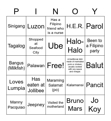 Filipino Trivia Bingo Card