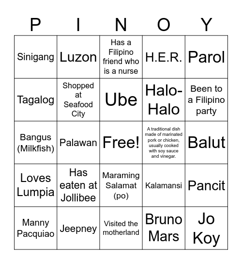 Filipino Trivia Bingo Card