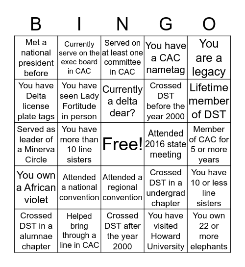 Delta Sigma Theta Bingo Card