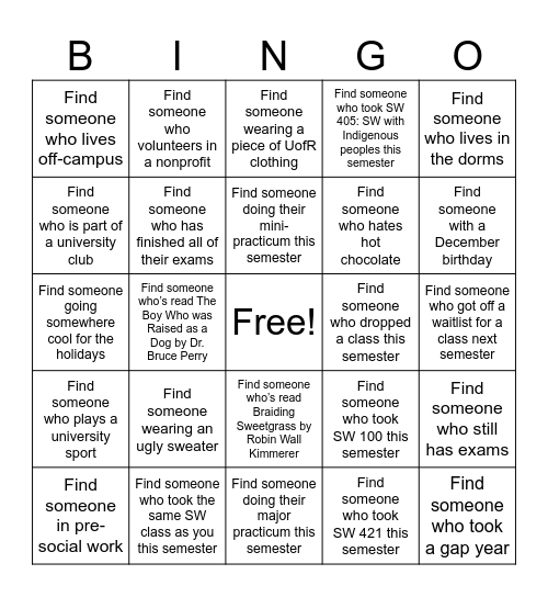 UofR Social Work Bingo Card