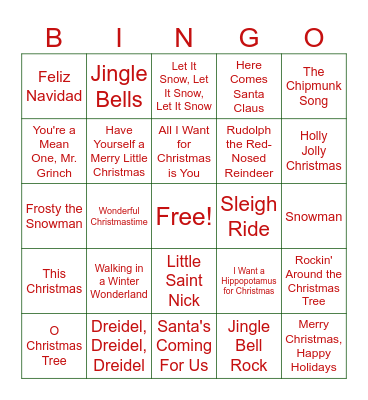 Holiday Songs Bingo Card