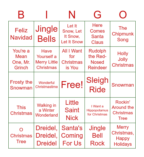 Holiday Songs Bingo Card