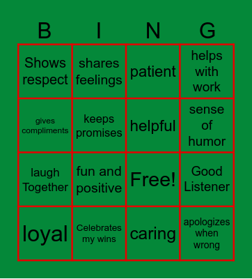 Friendship bingo Card