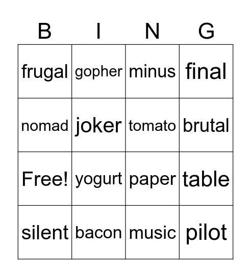 Open syllable Bingo Card