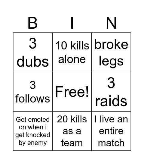 Fortnite Bingo Card