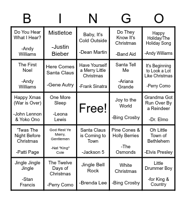 Holiday Song Bingo Card
