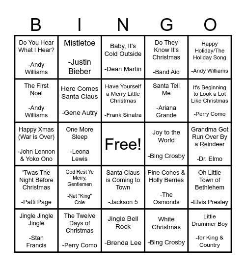 Holiday Song Bingo Card