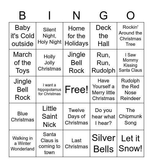 Holiday Songs Bingo Card