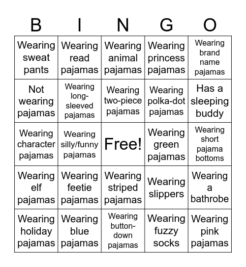 Pajama Day Bingo Card