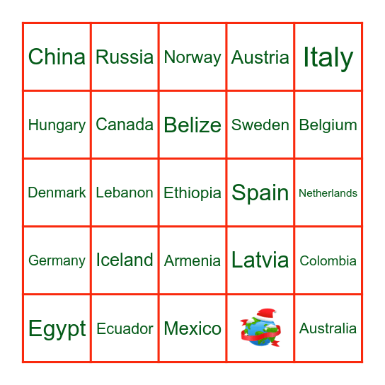 Christmas Around the World Bingo Card