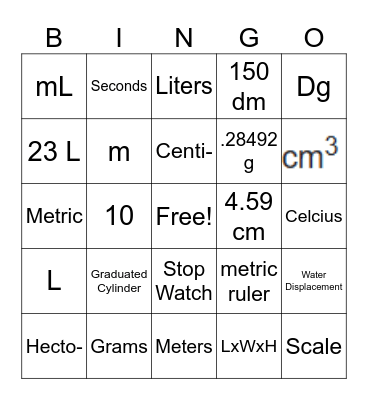 BAHS Metric System Bingo Card